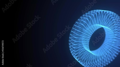 Animation of blue abstract lines and dots turning into a rotating geometric shape. Network connection. An archive of data in the form of a plexus of blue dots and lines. Animation in 4K format