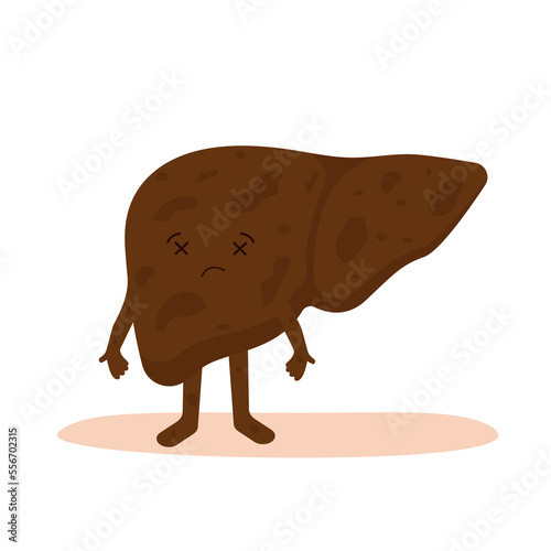 Human liver cirrhosis, sick cartoon character concept. Vector illustration in flat and cartoon style