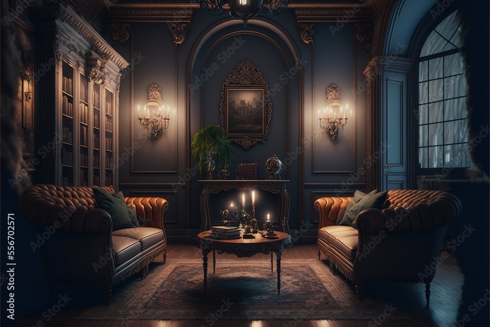 Vintage luxury living room interior design with retro style furniture