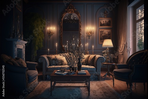 Vintage luxury living room interior design with retro style furniture, wallpaper and accessories in a beautiful trendy scene of classic Victorian style