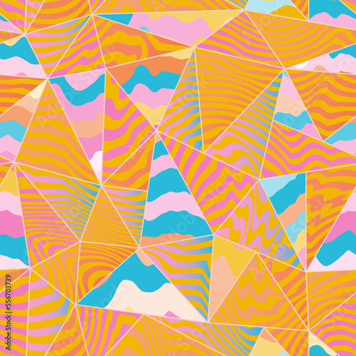 Yellow color triangles with wavy effect. Seamless pattern