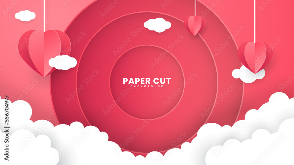 Romantic love paper cut background with cloud ornament. Suitable for banners, posters, flyers, brochures or presentation backgrounds