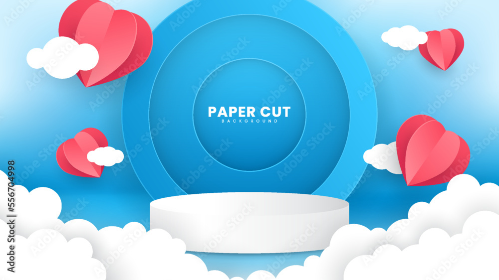 Pink love paper cut background with podium object. Minimalist blue color background. Suitable for banners, posters, flyers, brochures or presentation backgrounds
