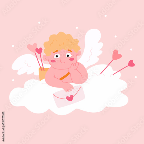 Cute baby Cupid with love letter. Little cherub Valentine in cloud. Vector hand drawn illustration.