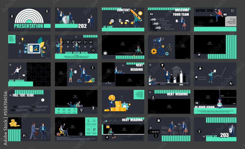 Infographics. Businessman plans business presentation, financial success, powerpoint, launch of new project. Design template elements, black background, set. A team of people creates a business, teamw
