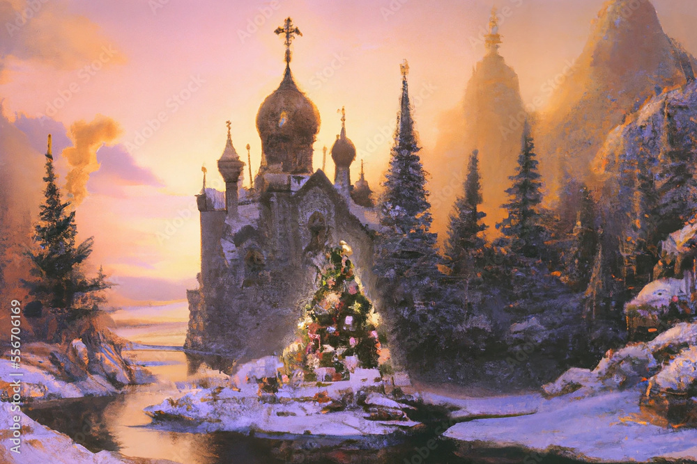 Postcard with an Orthodox Church with an Orthodox Cross. A decorated Christmas tree in front of the church, a snowy Landscape around a river in winter. Postcard with an Orthodox Church with an Orthodox Cross. A decorated Christmas tree in front of the church, a snowy Landscape around a river in winter.