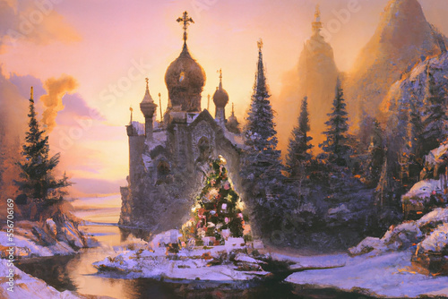 Postcard with an Orthodox Church with an Orthodox Cross. A decorated Christmas tree in front of the church, a snowy Landscape around a river in winter.