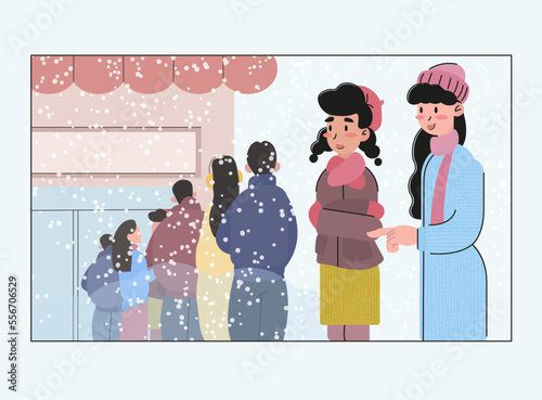 Vector illustration, people stand in line on the street in a snowfall. Illustration for advertising, poster, paster, booklet.