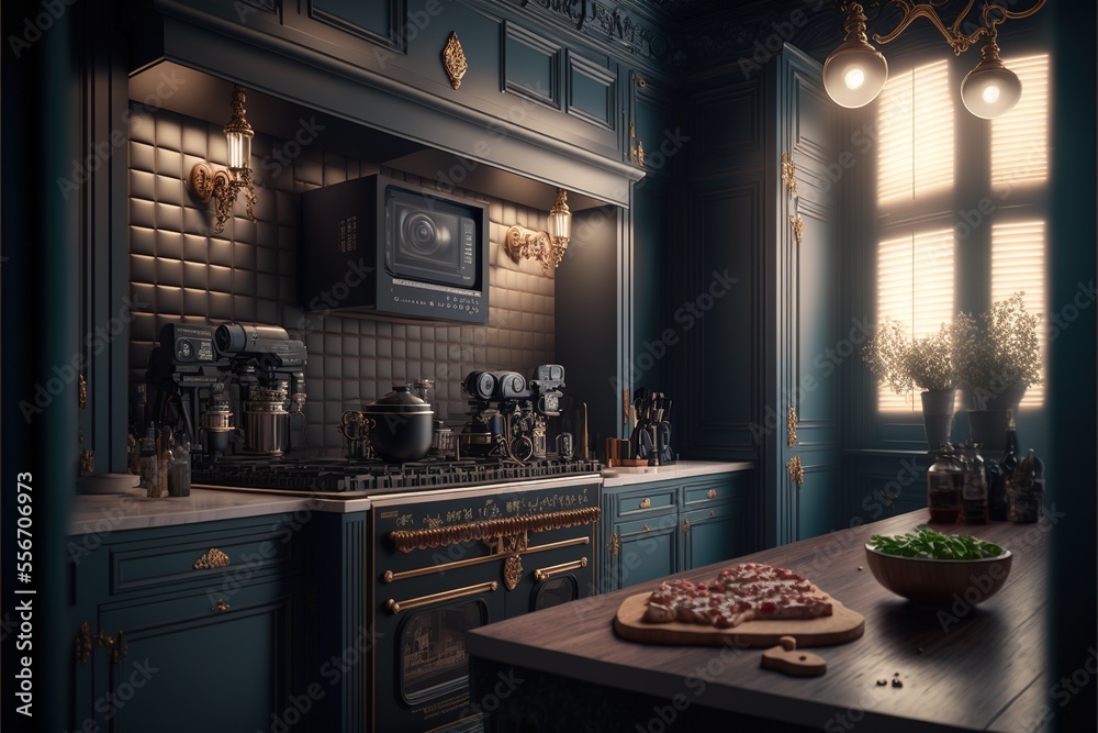 Vintage luxury kitchen interior design with retro style furniture ...