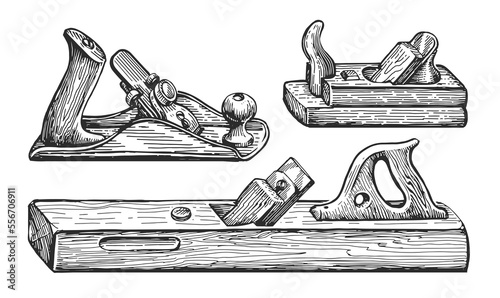 Plane old wooden jointer tool. Retro carpentry woodworking equipment isolated. Hand drawn sketch vintage illustration photo