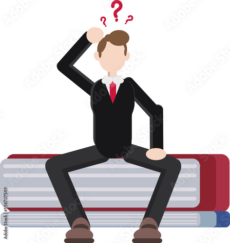 character of a confused working man sitting on big book symbol