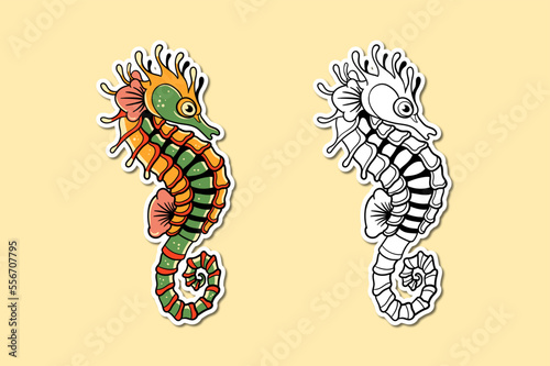 Sticker illustration of a seahorse traditional tattoo design
