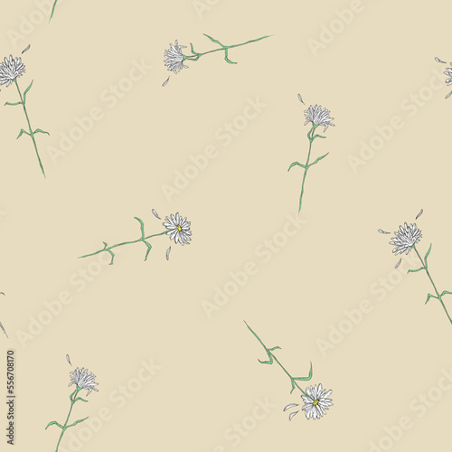 Little white chamomile or daisy flowers - seamless pattern on beige or light brown background