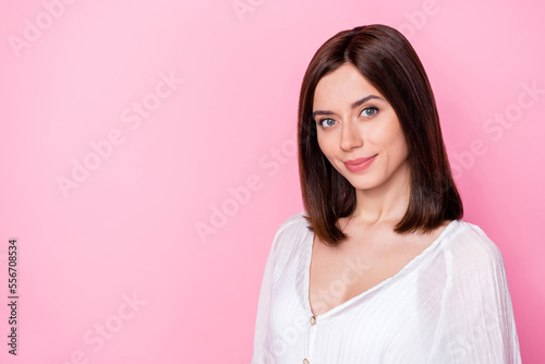 Photo portrait of winsome young girl calm smile worker businesswoman manager dressed stylish white look isolated on pink color background