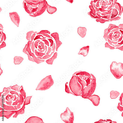 Watercolor pink peony or rose flowers blossom - seamless pattern isolated on white background