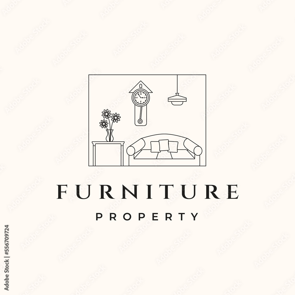 house property line art logo vector minimalist illustration design, furniture of family room symbol design