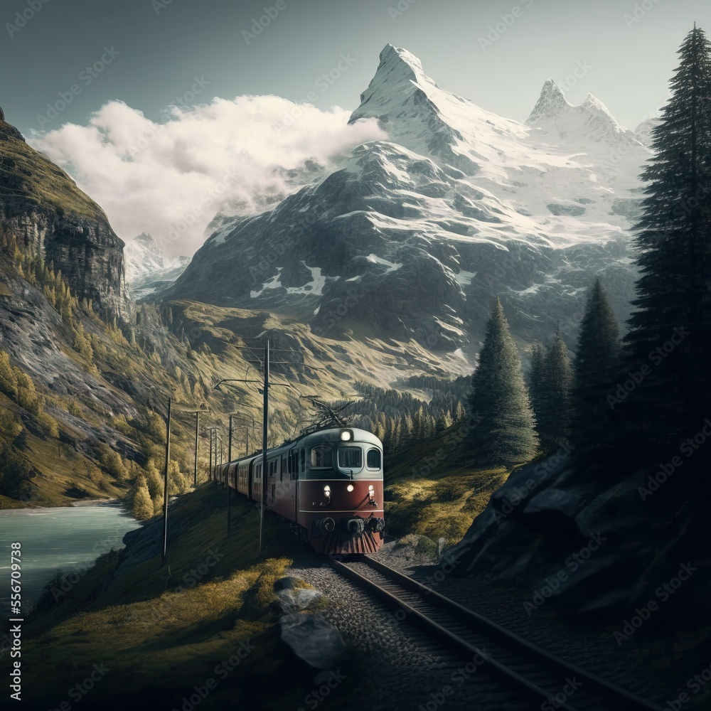 a train traveling through a lush green forest covered hillside next to a mountain covered in snow covered mountains and clouds.