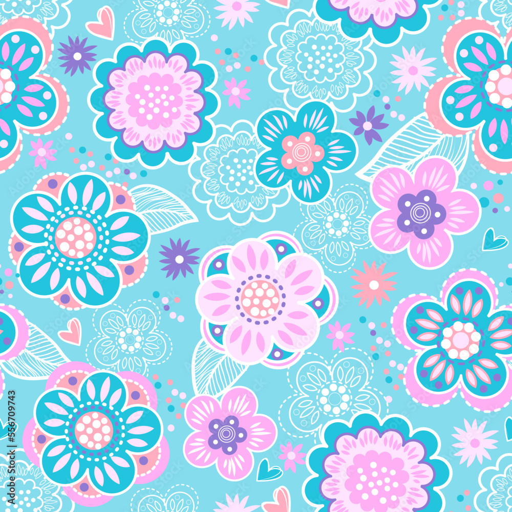 Vector seamless geometric cute pattern with flowers. Background for girls