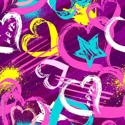 Abstract seamless pattern with hearts, urban elements, drops, brush, lines stars, sprays. Pink and blue wallpaper for girls. Grunge background with bright colors hearts and spay paint
