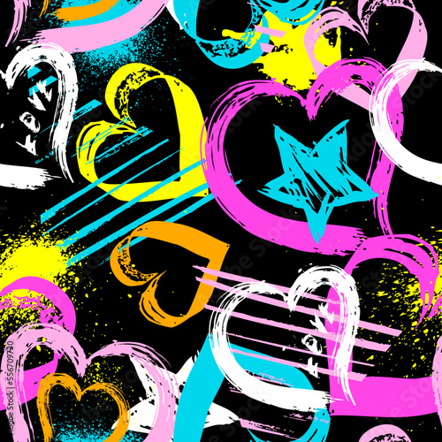 Abstract seamless pattern with hearts, urban elements, drops, brush, lines stars, sprays. Pink and blue wallpaper for girls. Grunge background with bright colors hearts and spay paint
