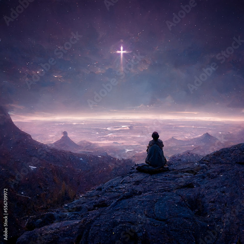 Monk Praying To God's Sign In The Clouds