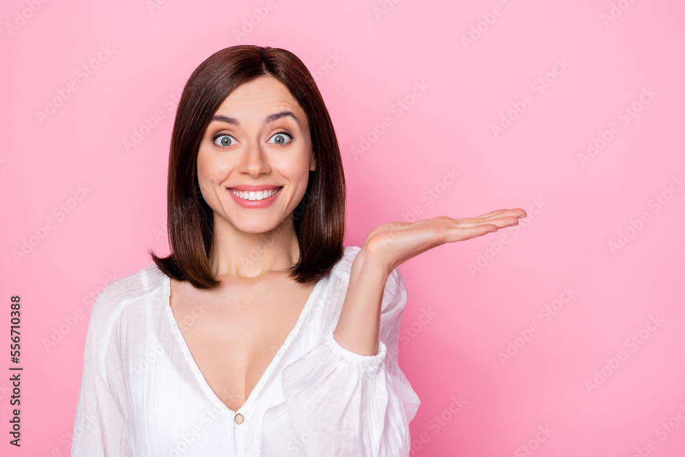Photo portrait of lovely young lady direct look copyspace poster useful tips wear trendy white garment isolated on pink color background Photo portrait of lovely young lady direct look copyspace poster useful tips wear trendy white garment isolated on pink color background