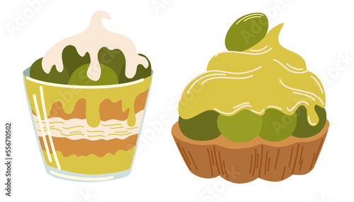 Matcha desserts set. Japanese Matcha Roll. Asian food. Perfect for restaurant cafe and print menus. Vector hand draw cartoon illustration.