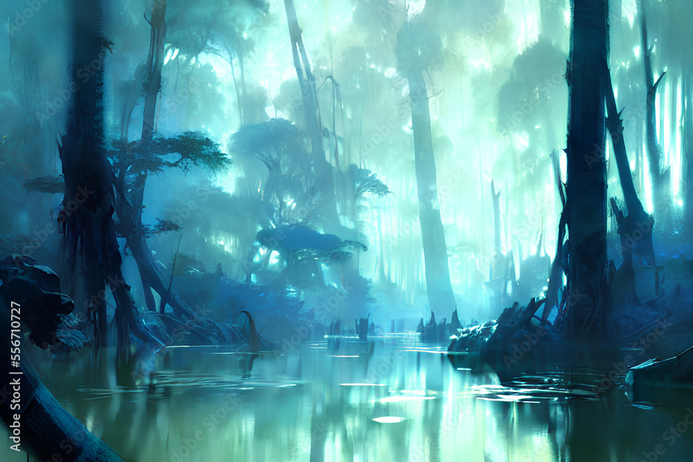 Beautiful blue swamp, generative AI technology