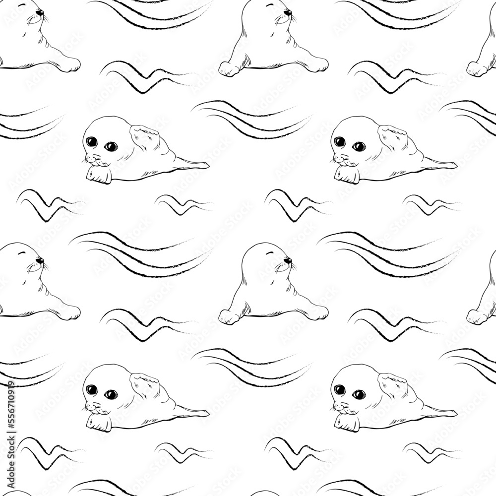 A painted seal. Vector seamless pattern. Sea creatures. Seals set. Fabric cute baby print. Marine pattern. A painted seal. Vector seamless pattern. Sea creatures. Seals set. Fabric cute baby print. Marine pattern.