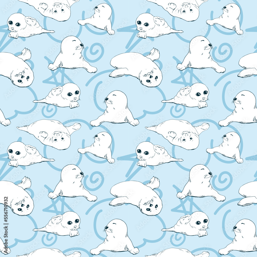 A painted seal. Vector seamless pattern. Sea creatures. Seals set. Fabric cute baby print. Marine pattern.