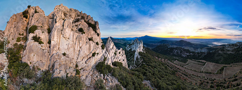 Aerial view of les Dentelles de Montmirail in front of the Mont Ventoux in the french alps photo