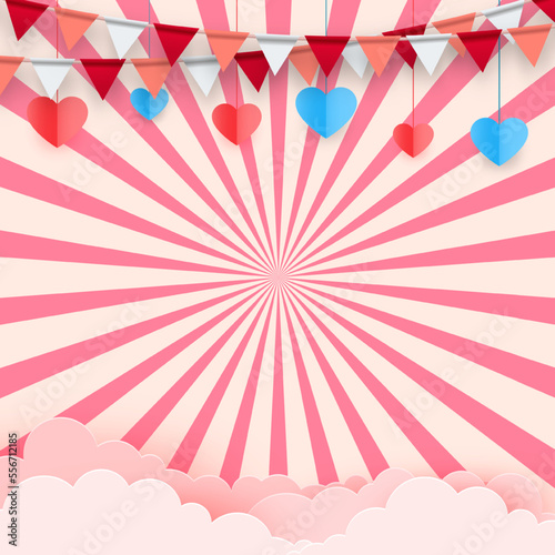 Paper cut concept Flags Garlands on sunburst. Vector art and illustration of love and valentine, Digital paper craft style. Paper art of pink background. for Happy Women's, Mother's, Valentine's Day,
