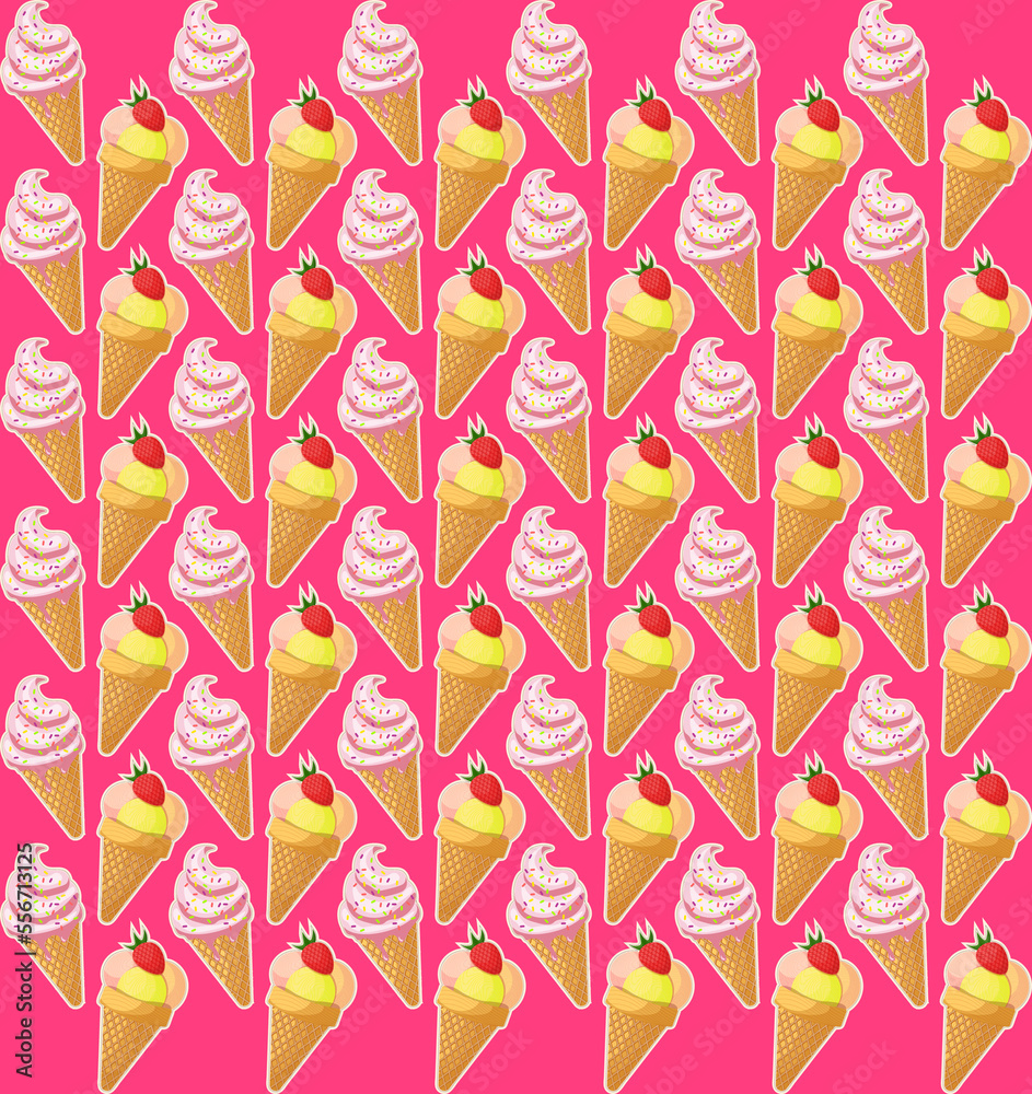 Waffle cones with strawberry ice cream scoops and frozen yogurt pattern Waffle cones with strawberry ice cream scoops and frozen yogurt pattern