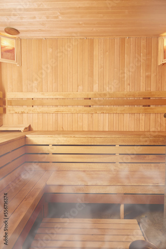 Vertical photo of a wooden sauna. Copy space