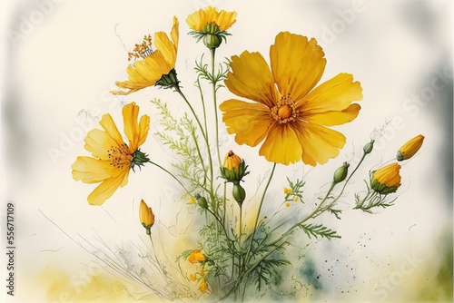 a painting of yellow flowers on a white background with watercolor effect and a green stem and leaves in the center.
