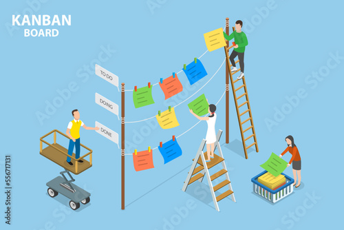 3D Isometric Flat Vector Conceptual Illustration of Kanban Board, Project Workflow and Management