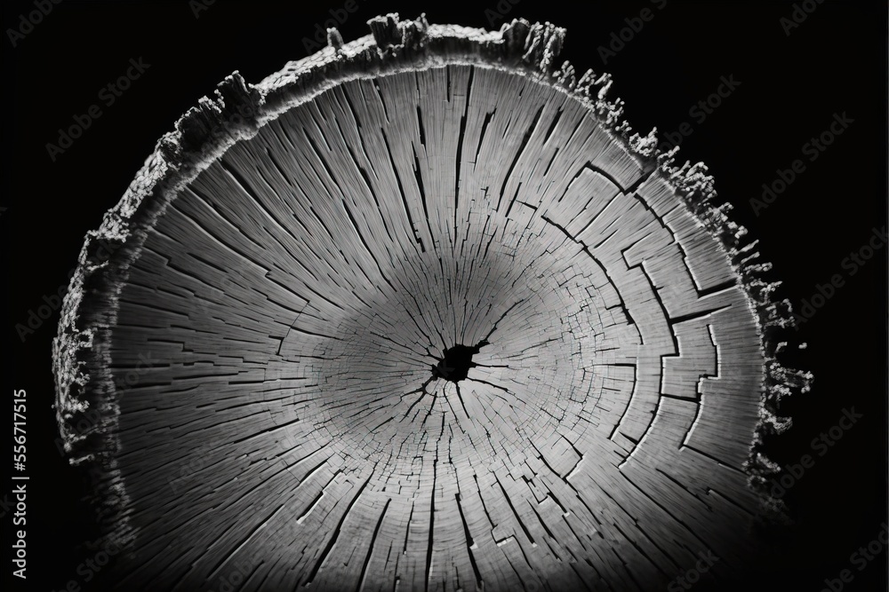 Obraz premium a black and white photo of a tree stump with a circular hole in the center of it's wood.