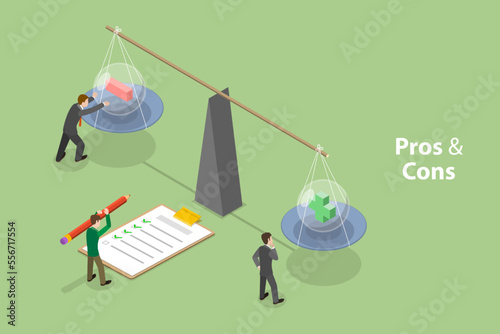 3D Isometric Flat Vector Conceptual Illustration of Pros And Cons, Choice Between Positive and Negative Arguments
