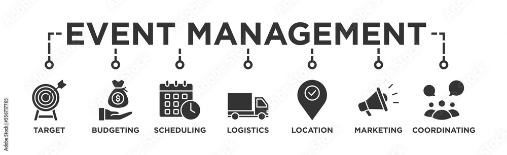 Event management banner web icon vector illustration concept with icon of target, budgeting, scheduling, logistics, location, marketing, and coordination Event management banner web icon vector illustration concept with icon of target, budgeting, scheduling, logistics, location, marketing, and coordination