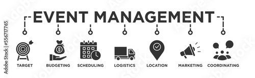 Event management banner web icon vector illustration concept with icon of target, budgeting, scheduling, logistics, location, marketing, and coordination