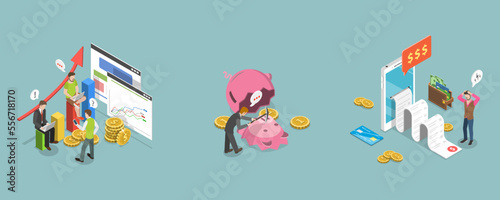 3D Isometric Flat Vector Conceptual Illustration of Money And Finances, Bill Payment, Bankruptcy