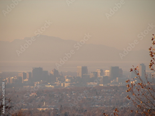 view of Salt Lake City skyline on a smoggy day, air pollution