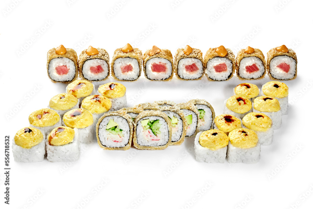 Set of Japanese tempura makizushi and baked uramaki rolls