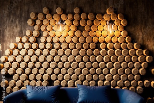 a couch sitting in front of a wall made of circles of corks on a wall behind it is a lamp.