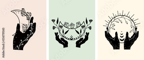 Black and white mystical compositions with a hand holding the celestial moon, flowers and leaves. Mystical, magical witchcraft symbol. Boho moon is suitable for banners, posters, postcards.