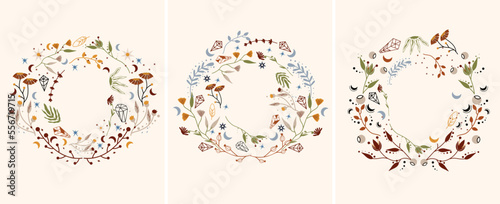 Boho wreath with mystical flowers, celestial moon, colored leaves. Mystical, esoteric posters. Magical floral frame Perfect for greeting cards, poster, postcard, banner. Vector illustration