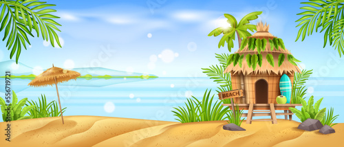 Beach hut, tiki bamboo shack, vector Hawaiian house, summer cartoon island bungalow, tropical ocean. Palm tree leaf, surfboard, sun umbrella, exotic vacation landscape. Caribbean beach hut banner