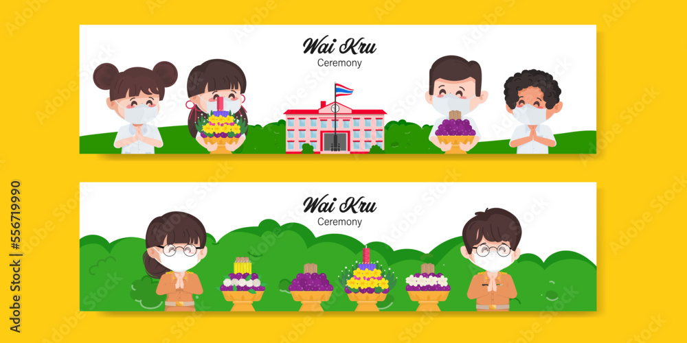 Fototapeta premium Group of Thai student and Thai teacher Wai Kru ceremony with namaste character pose. Bangkok Thailand cartoon teacher in uniform people.