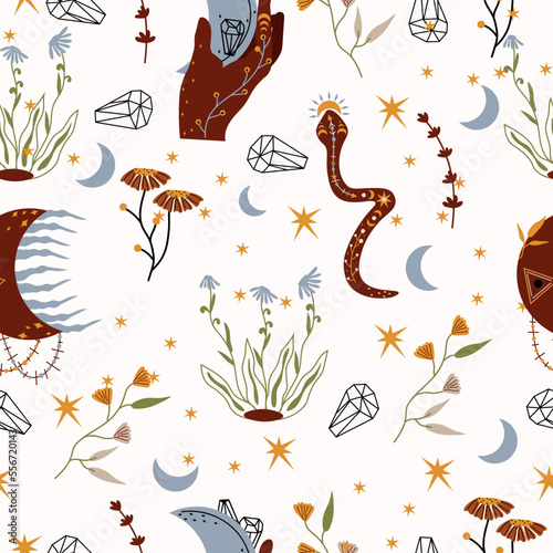 Seamless pattern with celestial moon  hand holding moon  mystical snake  colorful flowers and leaves. Fashionable patterns can be used as textile  fabric  wallpaper  banner  etc. Vector.