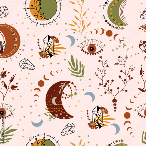 Seamless pattern with celestial moon, crystals, mystical eye, colorful flowers and leaves. Fashionable patterns can be used as textile, fabric, wallpaper, banner, etc. Vector.